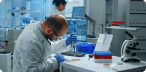 Scientist using pipette on petri dish with test tubes and microscope in lab environment.